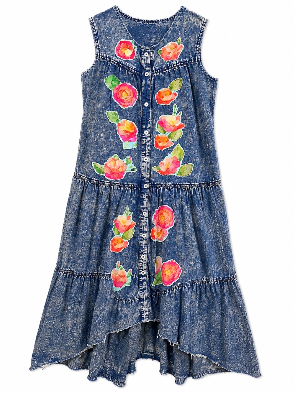 Sea New York Acid Wash Denim Floral Applique Maxi Dress Cottagecore Boho